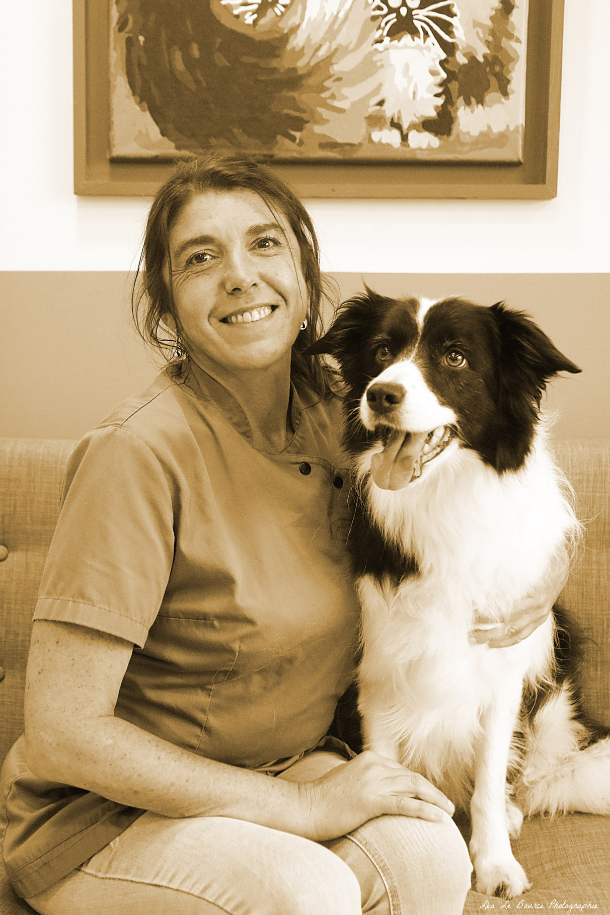 Professionnelle du soin animalier avec un border collie